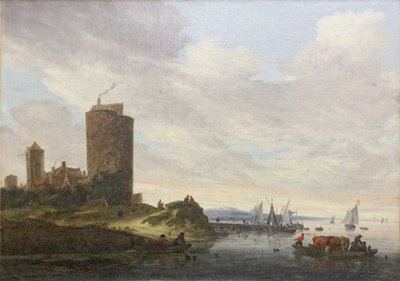 De grote toren, rivierlandschap door Salomon van Ruisdael or Ruysdael